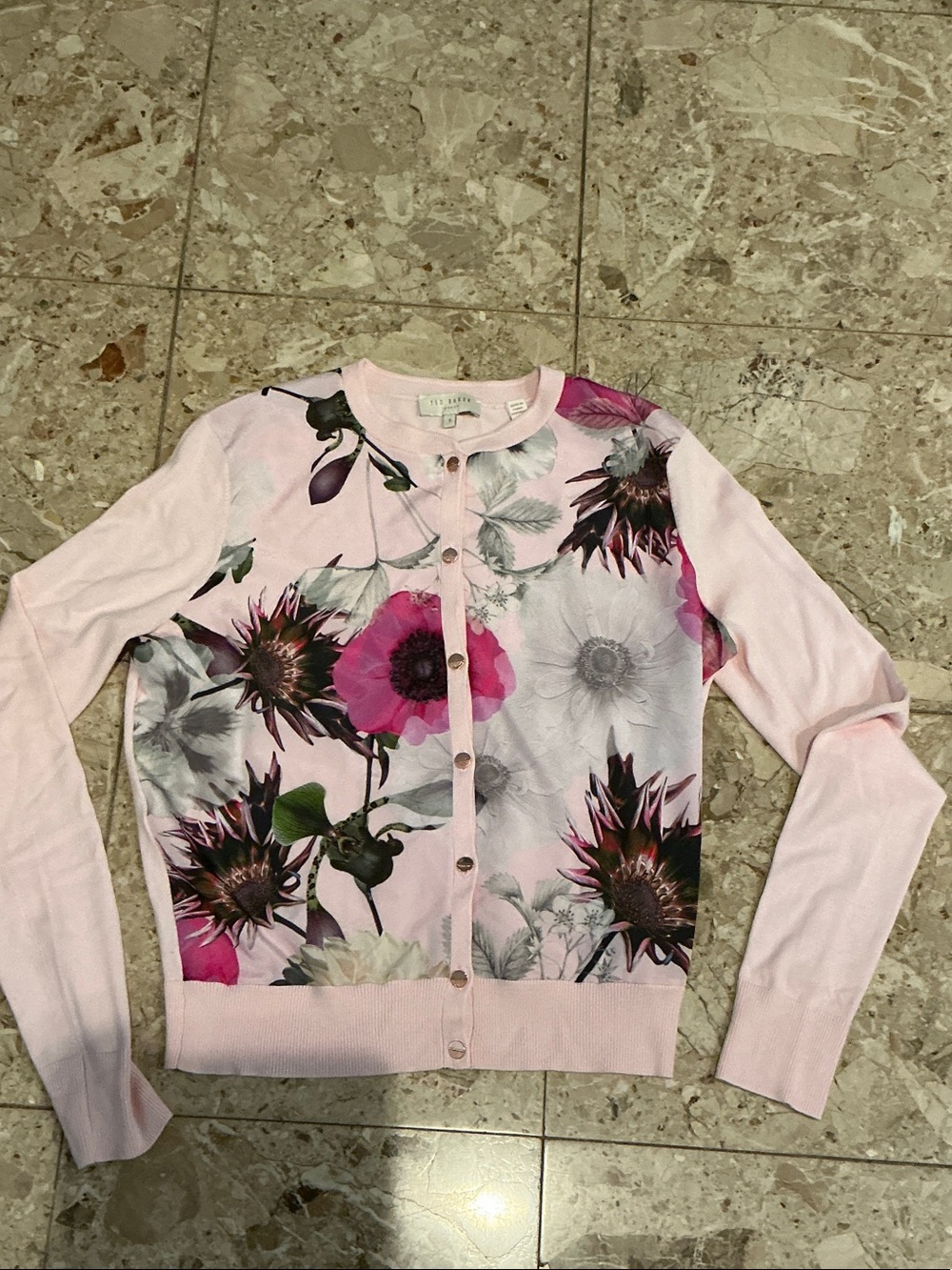Ted Baker Light Pink Floral Print Button Cardigan, size 1